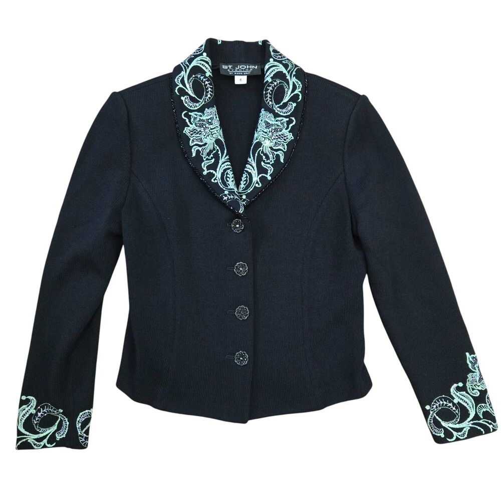 St. John Women Black jacket Sz 6 Embroidered Green Studs Rhinestone Santana Knit